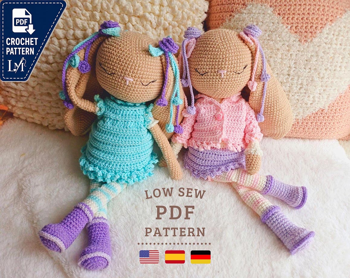 Bunny Dolls Crochet PATTERN, Long Ear Bunnies with Clothes - Amigurumi Flexible Dolls - PDF Pattern in English and Spanish - Chipifriends